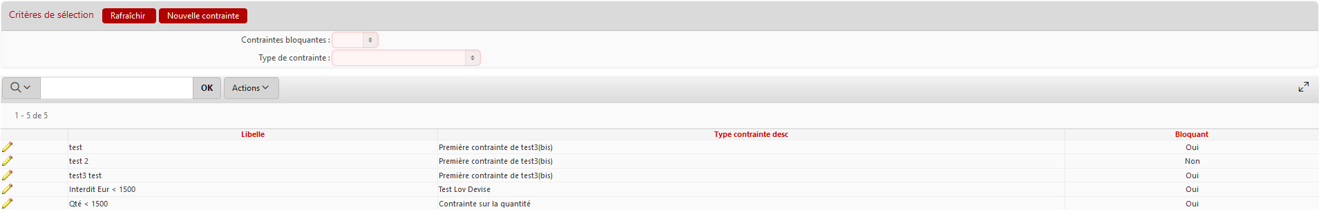 liste des contraintes